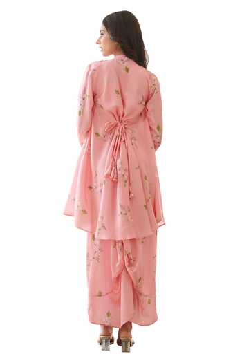 Buy_Pasha India_Pink Satin Tassels Mandarin Collar Floral Print Asymmetric Draped Dress _Online_at_Aza_Fashions