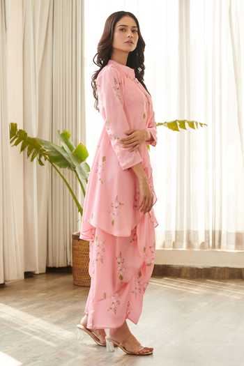 Shop_Pasha India_Pink Satin Tassels Mandarin Collar Floral Print Asymmetric Draped Dress _Online_at_Aza_Fashions