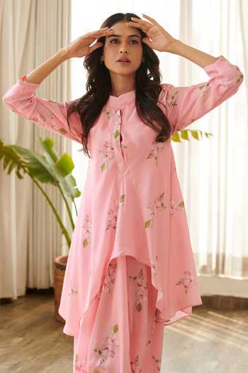 Pasha India_Pink Satin Tassels Mandarin Collar Floral Print Asymmetric Draped Dress _at_Aza_Fashions