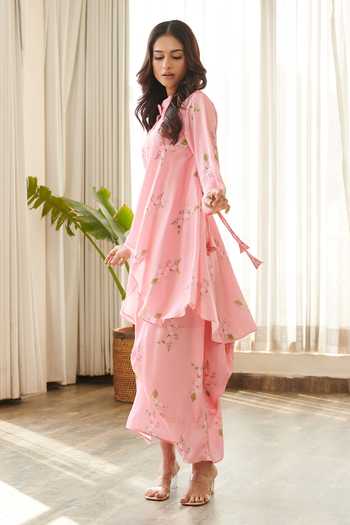 Buy_Pasha India_Pink Satin Tassels Mandarin Collar Floral Print Asymmetric Draped Dress 
