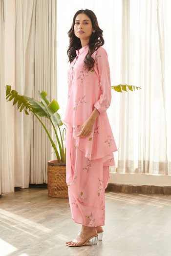 Shop_Pasha India_Pink Satin Tassels Mandarin Collar Floral Print Asymmetric Draped Dress 