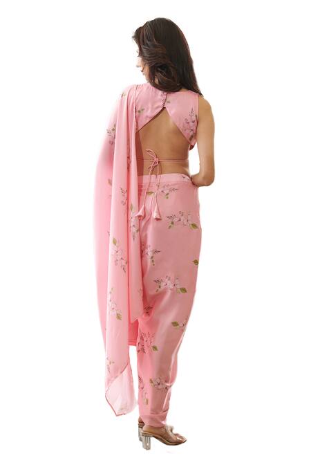 Buy_Pasha India_Pink Satin, Silk Embroidery Pre-draped Floral Print Slit Skirt Saree With Blouse _Online_at_Aza_Fashions