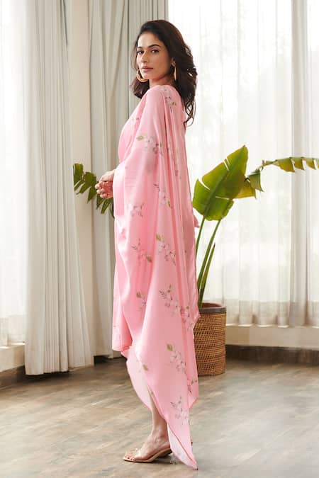 Pasha India_Pink Satin, Silk Embroidery Pre-draped Floral Print Slit Skirt Saree With Blouse _at_Aza_Fashions