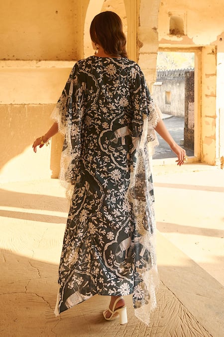 Shop Sage Saga Green Modal Embroidery, Lace Split V-neck Olivia Floral Print Kaftan at Aza Fashions Shop_Sage Saga_Green Modal Embroidery, Lace Split V-neck Olivia Floral Print Kaftan _at_Aza_Fashions