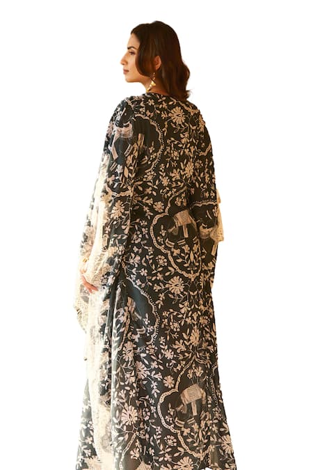 Sage Saga Green Modal Embroidery, Lace Split V-neck Olivia Floral Print Kaftan Online at Aza Fashions Sage Saga_Green Modal Embroidery, Lace Split V-neck Olivia Floral Print Kaftan _Online_at_Aza_Fashions