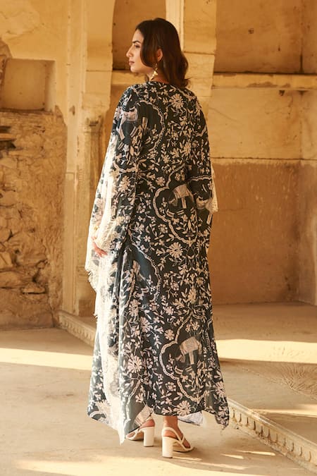 Buy Sage Saga Green Modal Embroidery, Lace Split V-neck Olivia Floral Print Kaftan Online at Aza Fashions Buy_Sage Saga_Green Modal Embroidery, Lace Split V-neck Olivia Floral Print Kaftan _Online_at_Aza_Fashions