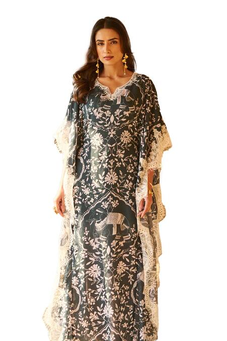 Shop Sage Saga Green Modal Embroidery, Lace Split V-neck Olivia Floral Print Kaftan Online at Aza Fashions Shop_Sage Saga_Green Modal Embroidery, Lace Split V-neck Olivia Floral Print Kaftan _Online_at_Aza_Fashions