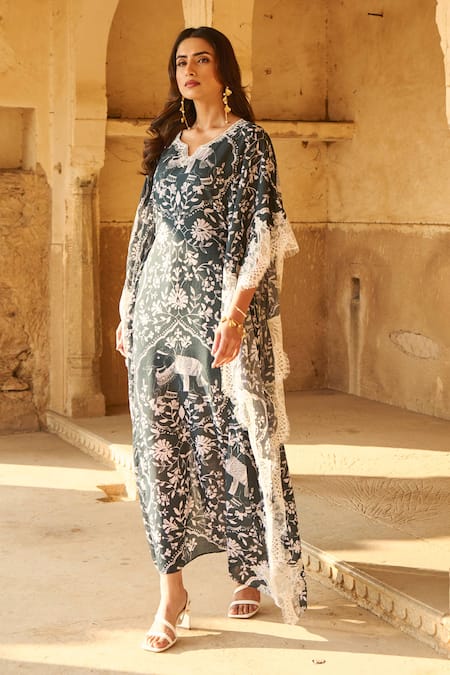 Sage Saga Green Modal Embroidery, Lace Split V-neck Olivia Floral Print Kaftan at Aza Fashions Sage Saga_Green Modal Embroidery, Lace Split V-neck Olivia Floral Print Kaftan _at_Aza_Fashions