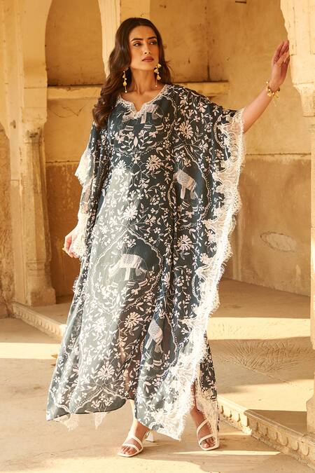 Shop Sage Saga Green Modal Embroidery, Lace Split V-neck Olivia Floral Print Kaftan Shop_Sage Saga_Green Modal Embroidery, Lace Split V-neck Olivia Floral Print Kaftan