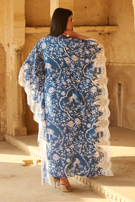 Shop Sage Saga Blue Modal Embroidery, Lace Split V-neck Ireen Elephant Print Kaftan at Aza Fashions Shop_Sage Saga_Blue Modal Embroidery, Lace Split V-neck Ireen Elephant Print Kaftan _at_Aza_Fashions