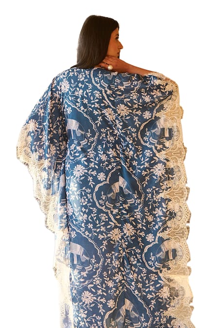 Sage Saga Blue Modal Embroidery, Lace Split V-neck Ireen Elephant Print Kaftan Online at Aza Fashions Sage Saga_Blue Modal Embroidery, Lace Split V-neck Ireen Elephant Print Kaftan _Online_at_Aza_Fashions
