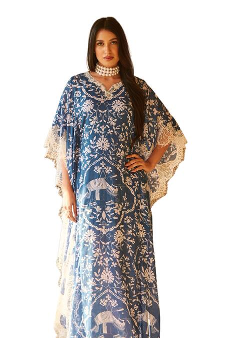 Buy Sage Saga Blue Modal Embroidery, Lace Split V-neck Ireen Elephant Print Kaftan Online at Aza Fashions Buy_Sage Saga_Blue Modal Embroidery, Lace Split V-neck Ireen Elephant Print Kaftan _Online_at_Aza_Fashions