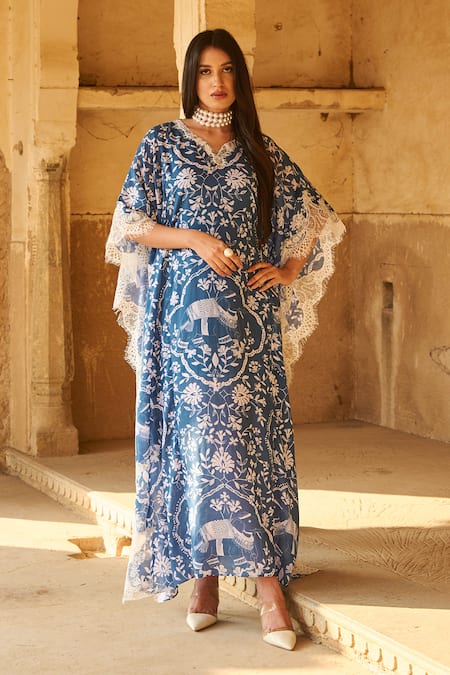 Shop Sage Saga Blue Modal Embroidery, Lace Split V-neck Ireen Elephant Print Kaftan Online at Aza Fashions Shop_Sage Saga_Blue Modal Embroidery, Lace Split V-neck Ireen Elephant Print Kaftan _Online_at_Aza_Fashions