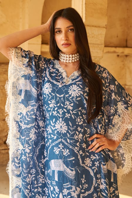 Sage Saga Blue Modal Embroidery, Lace Split V-neck Ireen Elephant Print Kaftan at Aza Fashions Sage Saga_Blue Modal Embroidery, Lace Split V-neck Ireen Elephant Print Kaftan _at_Aza_Fashions