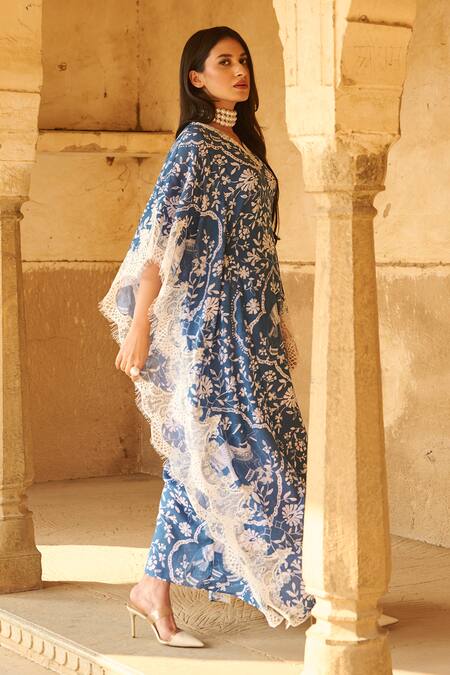 Shop Sage Saga Blue Modal Embroidery, Lace Split V-neck Ireen Elephant Print Kaftan Shop_Sage Saga_Blue Modal Embroidery, Lace Split V-neck Ireen Elephant Print Kaftan