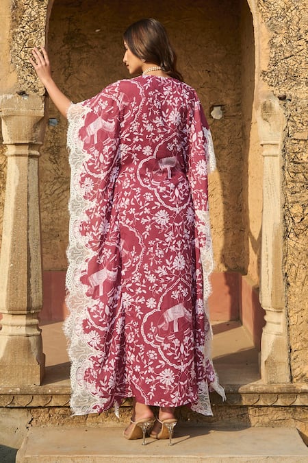 Shop Sage Saga Maroon Modal Embroidery, Lace Split V-neck Rosetta Floral Print Kaftan at Aza Fashions Shop_Sage Saga_Maroon Modal Embroidery, Lace Split V-neck Rosetta Floral Print Kaftan _at_Aza_Fashions