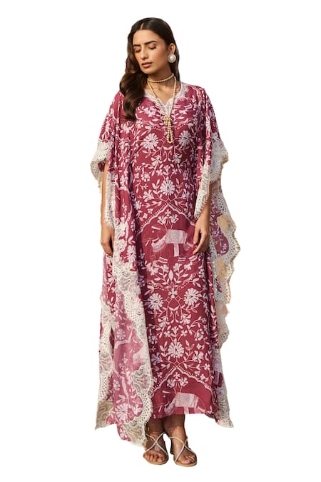 Sage Saga Maroon Modal Embroidery, Lace Split V-neck Rosetta Floral Print Kaftan Online at Aza Fashions Sage Saga_Maroon Modal Embroidery, Lace Split V-neck Rosetta Floral Print Kaftan _Online_at_Aza_Fashions