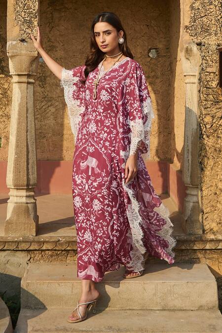 Buy Sage Saga Maroon Modal Embroidery, Lace Split V-neck Rosetta Floral Print Kaftan Online at Aza Fashions Buy_Sage Saga_Maroon Modal Embroidery, Lace Split V-neck Rosetta Floral Print Kaftan _Online_at_Aza_Fashions