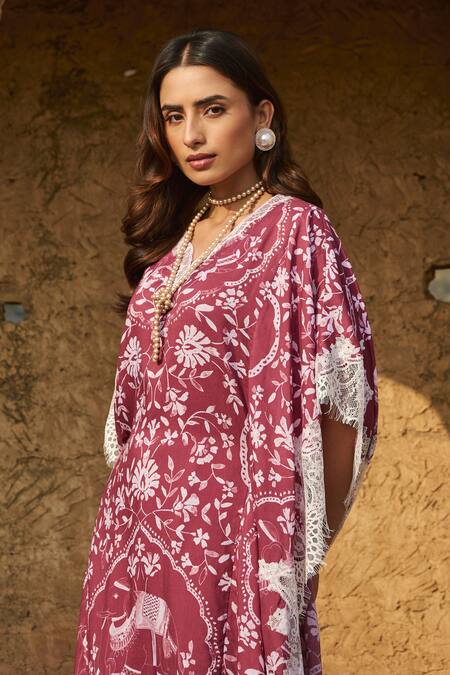 Shop Sage Saga Maroon Modal Embroidery, Lace Split V-neck Rosetta Floral Print Kaftan Online at Aza Fashions Shop_Sage Saga_Maroon Modal Embroidery, Lace Split V-neck Rosetta Floral Print Kaftan _Online_at_Aza_Fashions