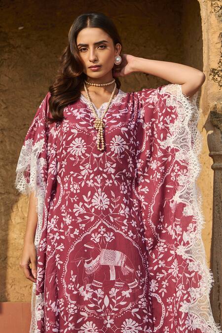 Sage Saga Maroon Modal Embroidery, Lace Split V-neck Rosetta Floral Print Kaftan at Aza Fashions Sage Saga_Maroon Modal Embroidery, Lace Split V-neck Rosetta Floral Print Kaftan _at_Aza_Fashions