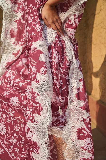 Buy Sage Saga Maroon Modal Embroidery, Lace Split V-neck Rosetta Floral Print Kaftan Buy_Sage Saga_Maroon Modal Embroidery, Lace Split V-neck Rosetta Floral Print Kaftan