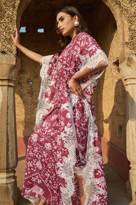 Shop Sage Saga Maroon Modal Embroidery, Lace Split V-neck Rosetta Floral Print Kaftan Shop_Sage Saga_Maroon Modal Embroidery, Lace Split V-neck Rosetta Floral Print Kaftan