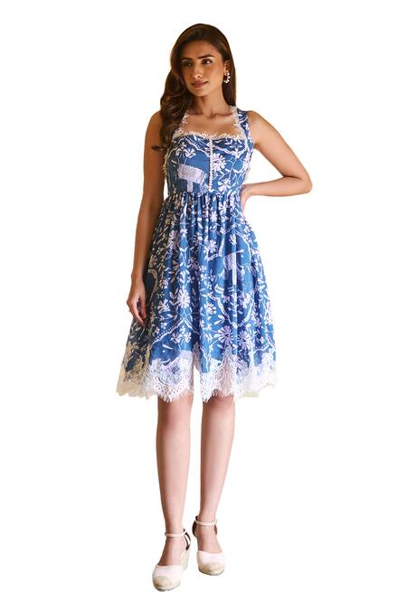 Sage Saga_Blue Modal Embroidery, Lace Square Neck Cleo Elephant Print Dress _Online_at_Aza_Fashions