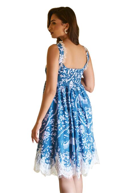 Shop_Sage Saga_Blue Modal Embroidery, Lace Square Neck Cleo Elephant Print Dress 