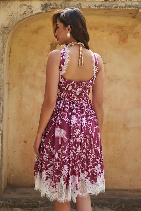 Shop Sage Saga Maroon Modal Embroidery, Lace Square Neck Coco Flower Print Dress at Aza Fashions Shop_Sage Saga_Maroon Modal Embroidery, Lace Square Neck Coco Flower Print Dress _at_Aza_Fashions