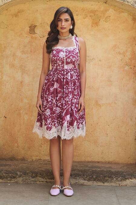 Sage Saga Maroon Modal Embroidery, Lace Square Neck Coco Flower Print Dress Online at Aza Fashions Sage Saga_Maroon Modal Embroidery, Lace Square Neck Coco Flower Print Dress _Online_at_Aza_Fashions
