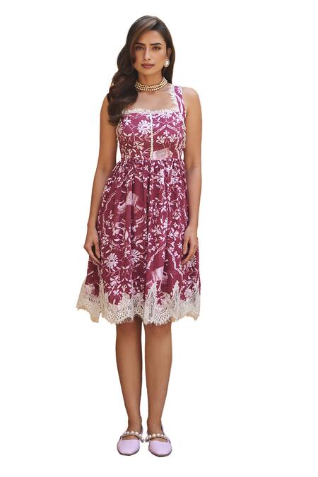 Buy Sage Saga Maroon Modal Embroidery, Lace Square Neck Coco Flower Print Dress Online at Aza Fashions Buy_Sage Saga_Maroon Modal Embroidery, Lace Square Neck Coco Flower Print Dress _Online_at_Aza_Fashions