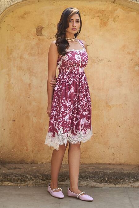 Shop Sage Saga Maroon Modal Embroidery, Lace Square Neck Coco Flower Print Dress Online at Aza Fashions Shop_Sage Saga_Maroon Modal Embroidery, Lace Square Neck Coco Flower Print Dress _Online_at_Aza_Fashions