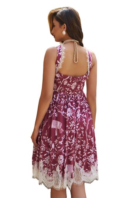 Shop Sage Saga Maroon Modal Embroidery, Lace Square Neck Coco Flower Print Dress Shop_Sage Saga_Maroon Modal Embroidery, Lace Square Neck Coco Flower Print Dress