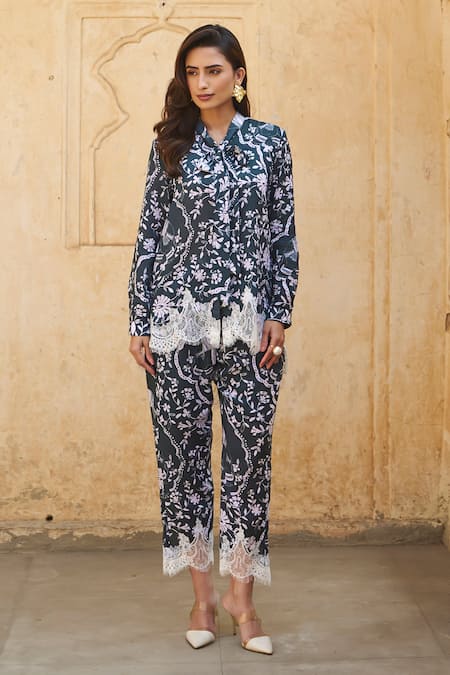 Buy_Sage Saga_Green Modal Lace, Embroidery Collared Olivia Floral Print Shirt And Trouser Set _Online_at_Aza_Fashions