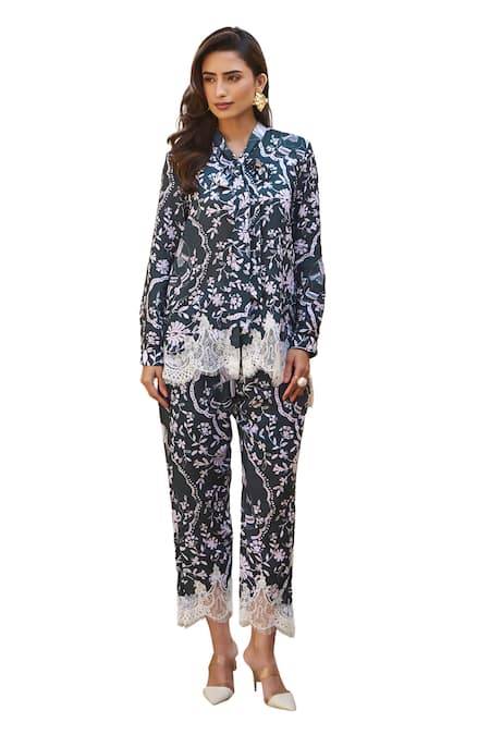 Shop_Sage Saga_Green Modal Lace, Embroidery Collared Olivia Floral Print Shirt And Trouser Set _Online_at_Aza_Fashions