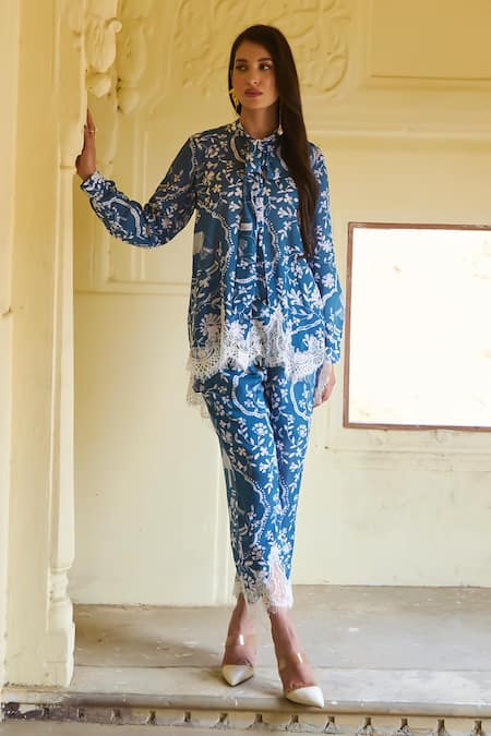 Sage Saga Blue Modal Chains, Embroidery Collared Floral Elephant Print Shirt And Trouser Set Online at Aza Fashions Sage Saga_Blue Modal Chains, Embroidery Collared Floral Elephant Print Shirt And Trouser Set _Online_at_Aza_Fashions