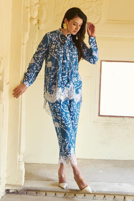 Buy Sage Saga Blue Modal Chains, Embroidery Collared Floral Elephant Print Shirt And Trouser Set Online at Aza Fashions Buy_Sage Saga_Blue Modal Chains, Embroidery Collared Floral Elephant Print Shirt And Trouser Set _Online_at_Aza_Fashions