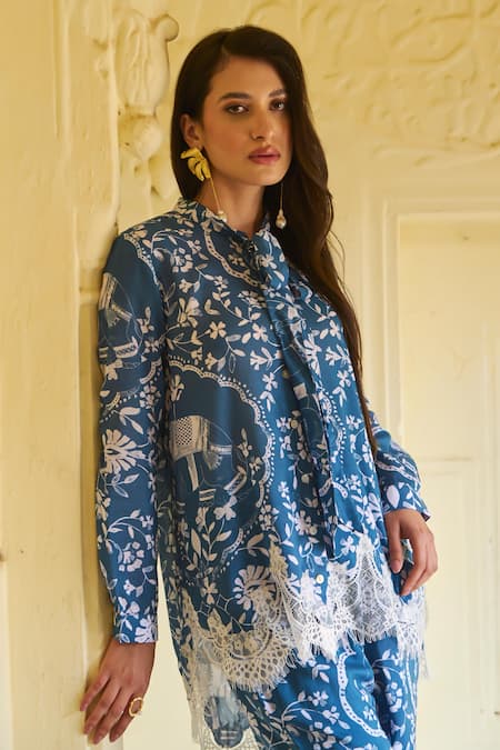 Shop Sage Saga Blue Modal Chains, Embroidery Collared Floral Elephant Print Shirt And Trouser Set Online at Aza Fashions Shop_Sage Saga_Blue Modal Chains, Embroidery Collared Floral Elephant Print Shirt And Trouser Set _Online_at_Aza_Fashions