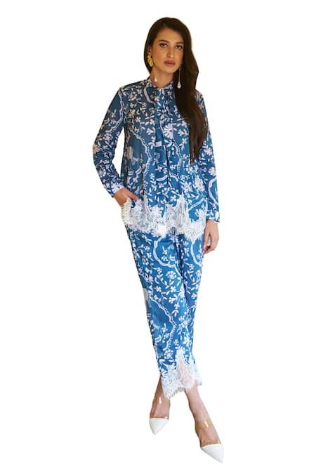 Sage Saga Blue Modal Chains, Embroidery Collared Floral Elephant Print Shirt And Trouser Set at Aza Fashions Sage Saga_Blue Modal Chains, Embroidery Collared Floral Elephant Print Shirt And Trouser Set _at_Aza_Fashions