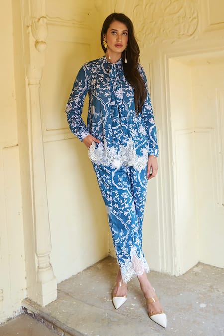 Sage Saga Blue Modal Printed Floral Ireen Elephant Trouser 