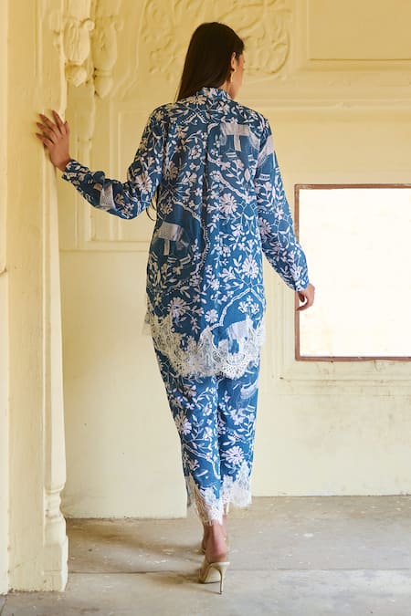 Shop Sage Saga Blue Modal Printed Floral Collar Ireen Elephant Shirt at Aza Fashions Shop_Sage Saga_Blue Modal Printed Floral Collar Ireen Elephant Shirt_at_Aza_Fashions