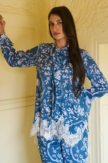 Buy Sage Saga Blue Modal Printed Floral Collar Ireen Elephant Shirt Online at Aza Fashions Buy_Sage Saga_Blue Modal Printed Floral Collar Ireen Elephant Shirt_Online_at_Aza_Fashions