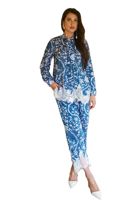 Shop Sage Saga Blue Modal Printed Floral Collar Ireen Elephant Shirt Online at Aza Fashions Shop_Sage Saga_Blue Modal Printed Floral Collar Ireen Elephant Shirt_Online_at_Aza_Fashions