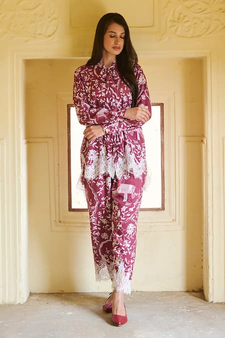Sage Saga_Maroon Modal Lace Collared Ireen Botanical Print Shirt And Trouser Set _at_Aza_Fashions