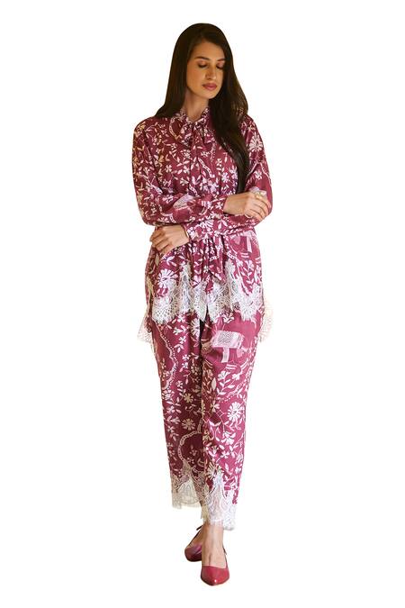 Buy_Sage Saga_Maroon Modal Printed Botanical Ireen Trouser_Online_at_Aza_Fashions