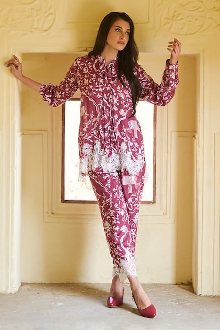 Sage Saga_Maroon Modal Printed Botanical Collar Ireen Shirt_Online_at_Aza_Fashions
