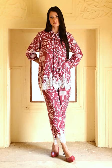 Buy_Sage Saga_Maroon Modal Printed Botanical Collar Ireen Shirt_Online_at_Aza_Fashions