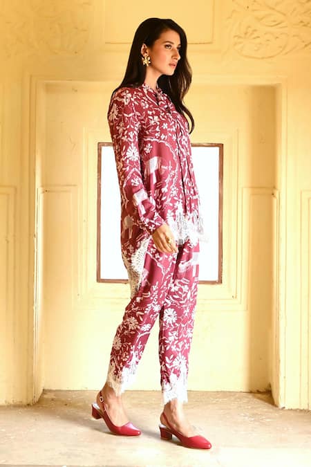 Sage Saga_Maroon Modal Printed Botanical Collar Ireen Shirt_at_Aza_Fashions