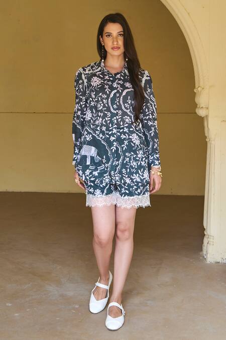 Sage Saga_Green Modal Embroidery, Lace Collared Olivia Printed Shirt And Shorts Set _Online_at_Aza_Fashions