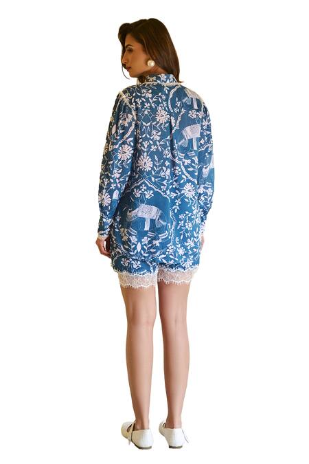 Sage Saga_Blue Modal Embroidery, Lace Collared Ireen Floral Print Shirt And Shorts Set _Online_at_Aza_Fashions